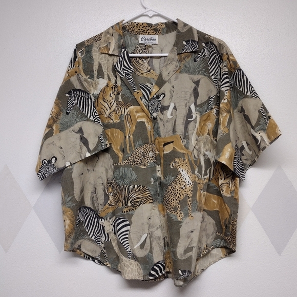 Caribou safari animal print button-up short sleeve camp shirt Vintage - Picture 1 of 10